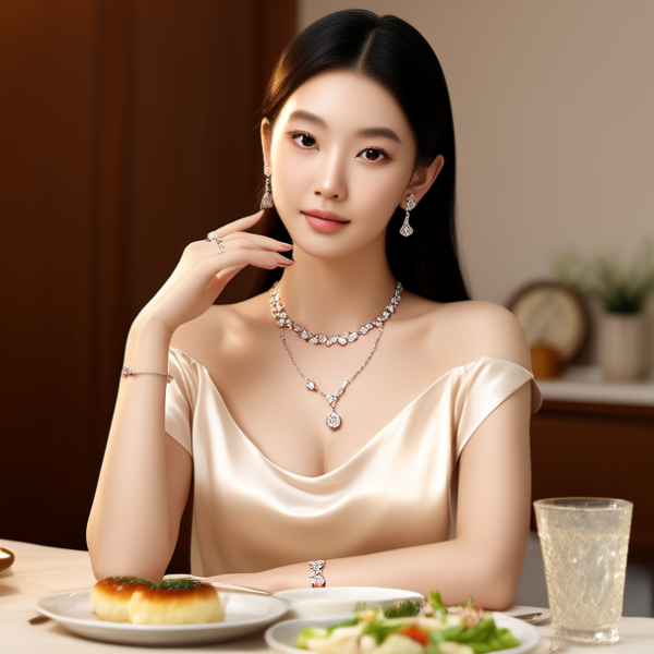 生活瞬间，美女，韩系美女，丝绸，美妆广告，家庭餐桌，4K超清，写实风格，温馨，柔和室内光，细腻皮肤，项链，耳环，手链。