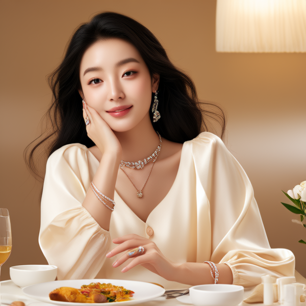 生活瞬间，美女，韩系美女，丝绸，美妆广告，家庭餐桌，4K超清，写实风格，温馨，柔和室内光，细腻皮肤，项链，耳环，手链。