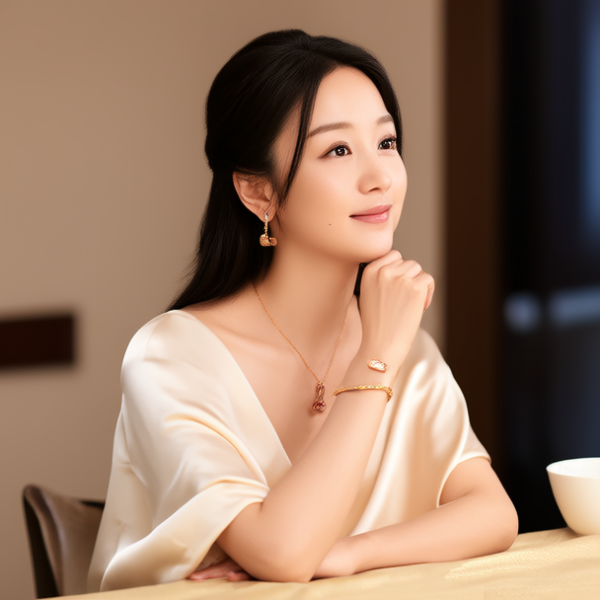 赵丽颖,生活瞬间，美女，韩系美女，丝绸，美妆广告，家庭餐桌，4K超清，写实风格，温馨，柔和室内光，细腻皮肤，项链，耳环，...