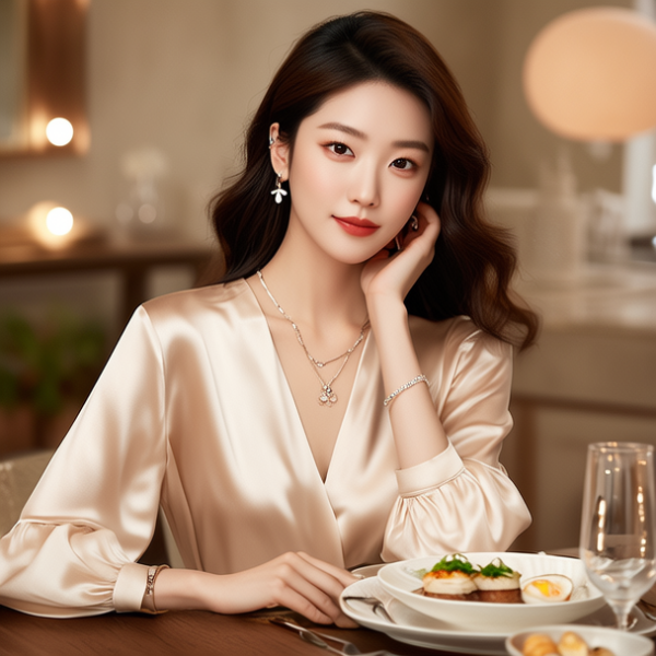 生活瞬间，美女，韩系美女，丝绸，美妆广告，家庭餐桌，4K超清，写实风格，温馨，柔和室内光，细腻皮肤，项链，耳环，手链。