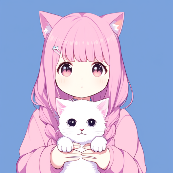 长着猫耳朵的粉头发少女，怀里抱一只白色小猫，白皮肤，圆圆的眼睛，圆圆的脸，蓝色背景，穿粉色毛衣
