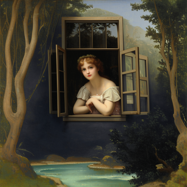 古希腊，公主，清晰的面部，公主站在窗边，河流，4K超清，浪漫，完美构图，电影氛围图，电影风景，大师电影，高级景深，高画质...