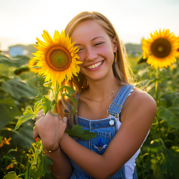 向日葵花丛中，抱着向日葵的年轻女孩，开心地微笑，暖金色的阳光