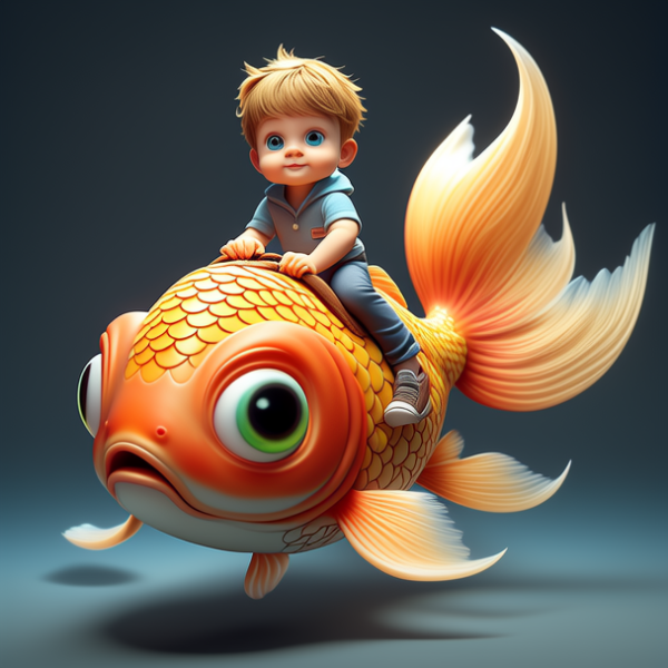 一个可爱的小男孩骑着金鱼，这条鱼有着水汪汪的大眼睛，市场上流行的IP盲盒，金鱼身上有五颜六色的鳞片，胖乎乎的金鱼，鳍状的...