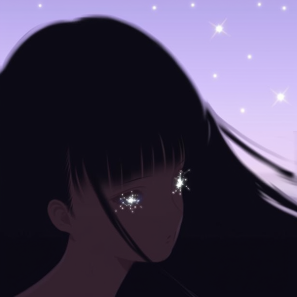 一个年轻女性的轮廓在柔和的光线下显得模糊不清。她的眼睛闪烁着神秘的光芒，她的长发轻轻飘动。背景是一片淡紫色的天空,星星点...