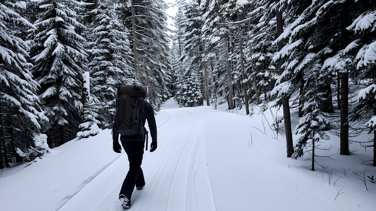 冬日的山林间，白雪覆盖着大地，一片银白世界。林间的小径上，一位行者背着沉重的背包，踏着深深的雪层艰难前行。虽然寒风呼啸，但他仍坚定地走向远方，探寻着未知的世界。