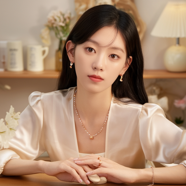 生活瞬间，美女，韩系美女，丝绸，美妆广告，家庭餐桌，4K超清，写实风格，温馨，柔和室内光，细腻皮肤，项链，耳环，手链。