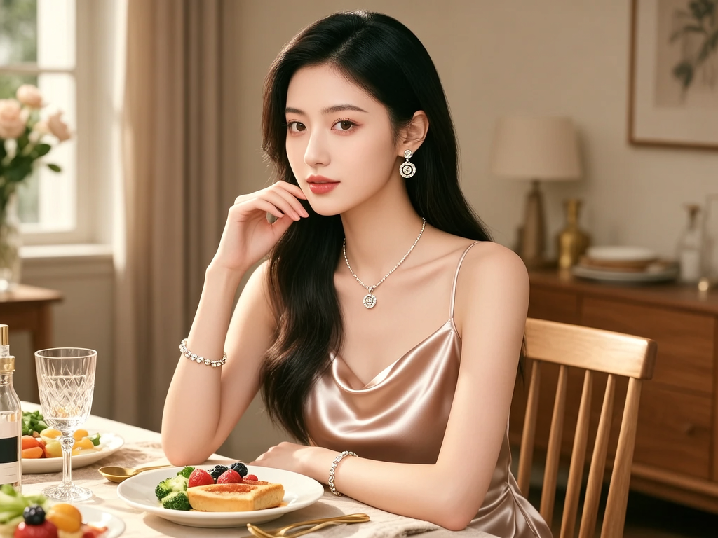 生活瞬间，美女，韩系美女，丝绸，美妆广告，家庭餐桌，4K超清，写实风格，温馨，柔和室内光，皮肤细腻，项链，耳环，手链。