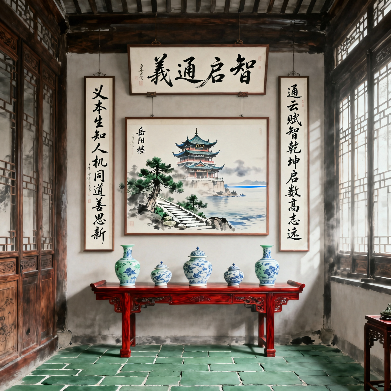 一副典雅庄重的对联悬挂于厅堂之中，房间是个安静古典的中式布置，桌子上放着一些青花瓷，对联上左书"义本生知人机同道善思新"，右书"通云赋智乾坤启数高志远"， 横批"智启通义"，字体飘逸，在中间挂着一幅中国风的画作，内容是岳阳楼。