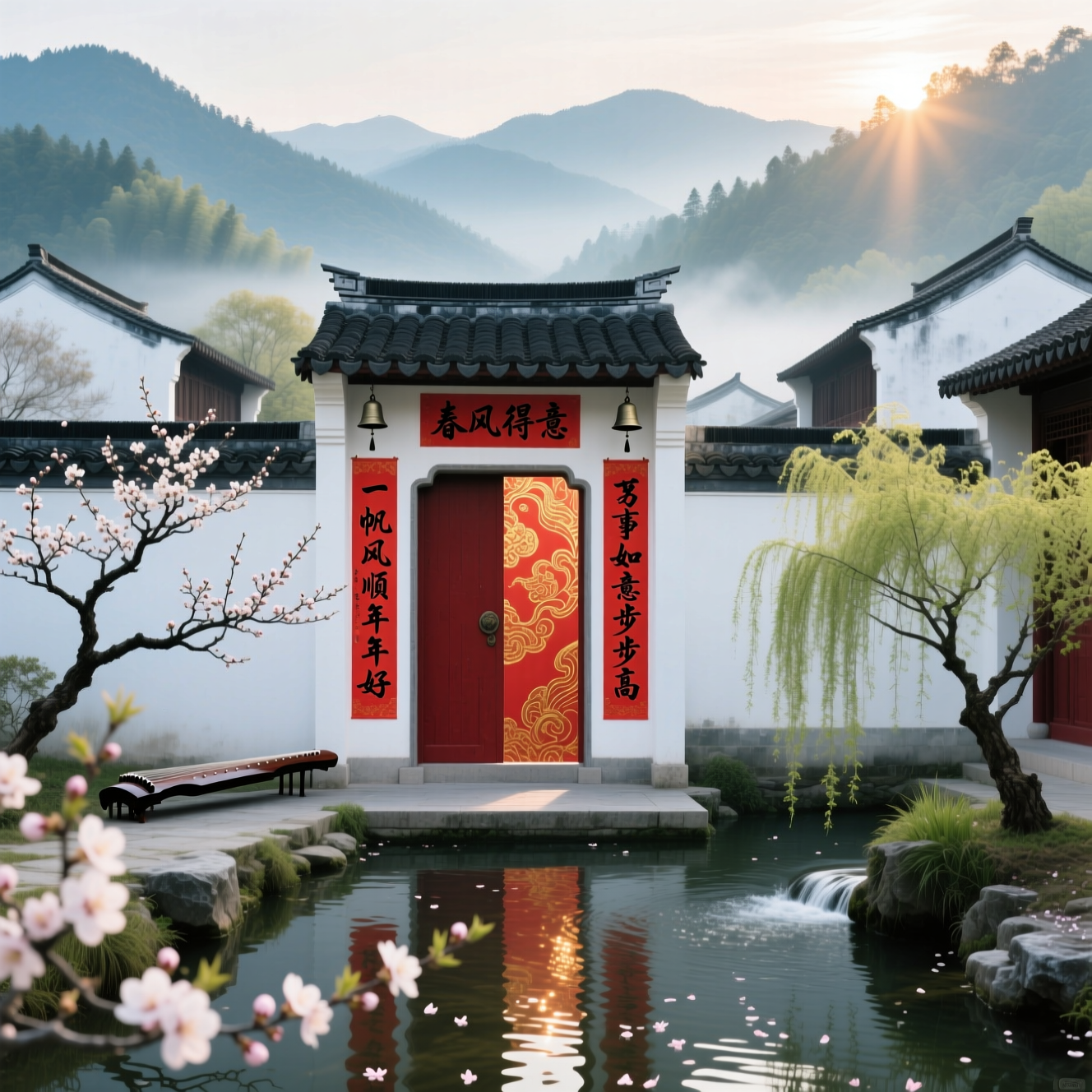 青瓦白墙，朱门半掩，一座静谧雅致的中式宅院隐于林壑之间。门前一湾清溪潺潺流过，水声泠泠如琴，映着天光云影，偶有落花随波轻转，恍若时光也放慢了脚步。
大门两侧，悬着一副洒金红底对联，墨色淋漓，笔意飘逸——
左书：“一帆风顺年年好”，
右题：“万事如意步步高”。
字迹如行云流水，似春风拂柳，既有文人风骨，又含吉祥祝愿。
门楣之上，横批三字——“春风得意”，以瘦金体挥就，清隽而不失喜气，仿佛将整个春天的和煦与希望都凝于其间。
晨光微照，薄雾轻笼，檐角风铃轻响，几株老梅斜倚墙边，暗香浮动；溪畔垂柳依依，新绿初成。此情此景，非但“一帆风顺”，更似心随流水共悠然；不止“步步高升”，亦得身寄烟霞享清欢。
这副对联，不只是辞旧迎新的吉语，更是主人淡泊明志、宁静致远的生活写照——在古典的秩序中藏一份从容，在自然的律动里守一方安然。